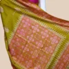 Pesta Green on Hand Block Printed Pink Border Bishnupuri Kattan Silk Saree