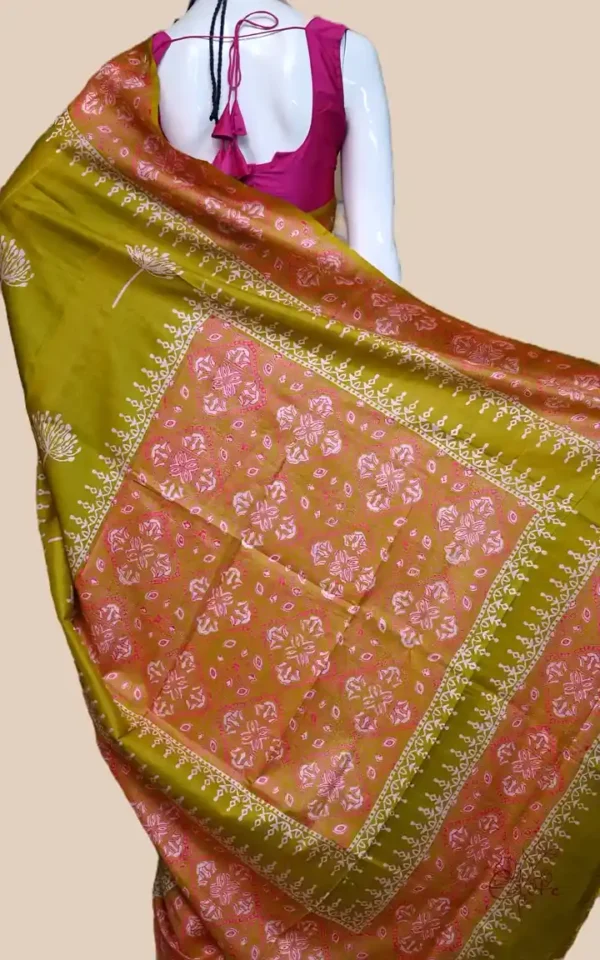 Pesta Green on Hand Block Printed Pink Border Bishnupuri Kattan Silk Saree