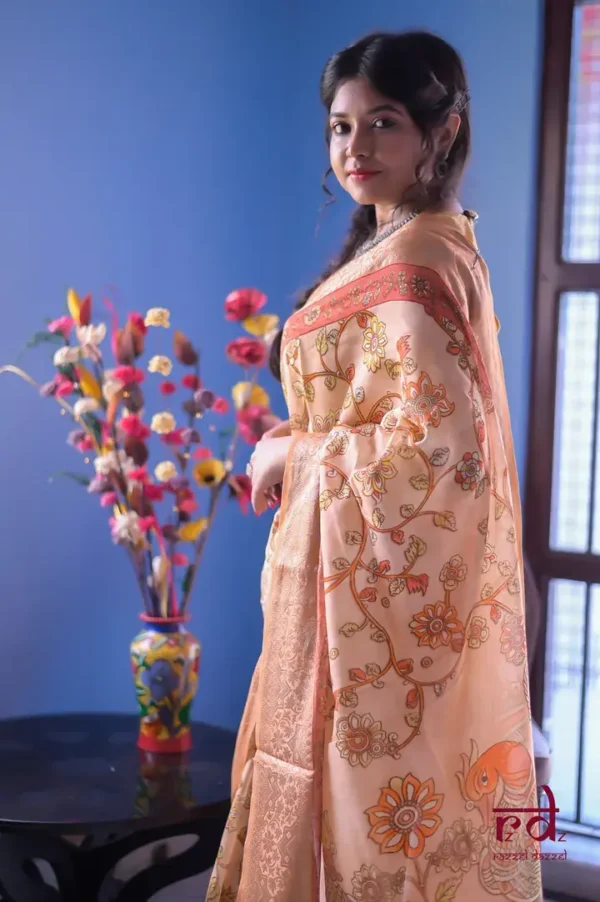 Peach Body Digital Print Zari Border on Chanderi Silk saree