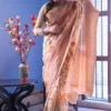 Peach Body Digital Print Zari Border on Chanderi Silk saree