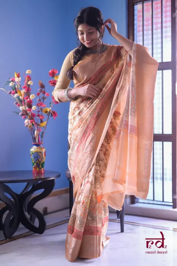 Peach Body Digital Print Zari Border on Chanderi Silk saree