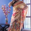 Biscuit with Multicolor Digital Print Zari Border on Chanderi silk saree