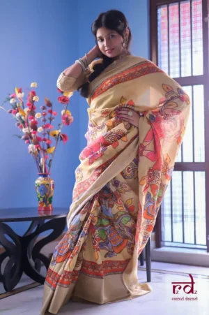 Biscuit with Multicolor Digital Print Zari Border on Chanderi silk saree