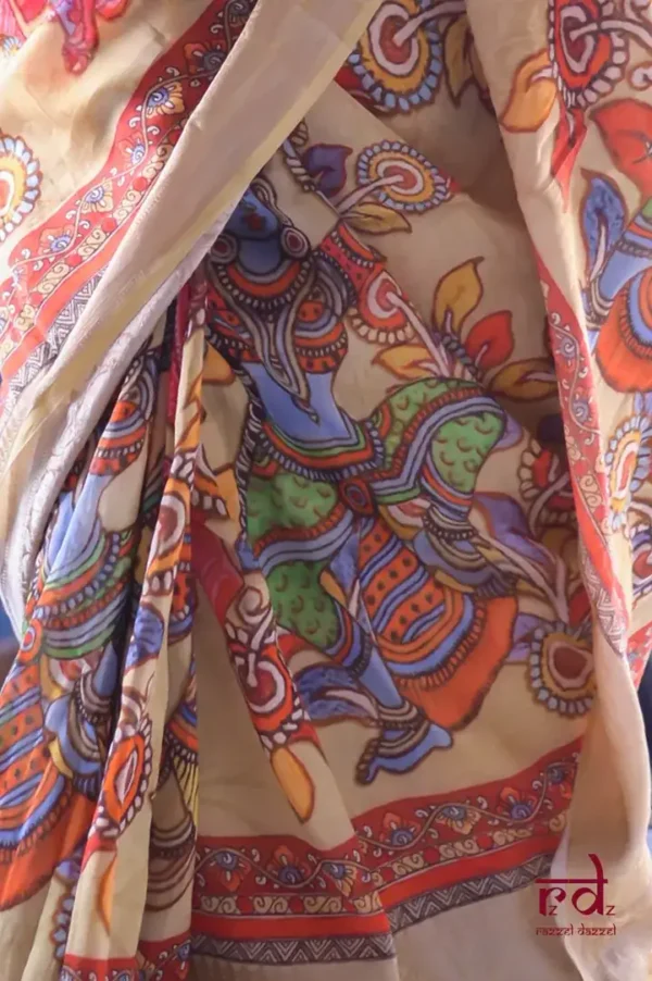 Biscuit with Multicolor Digital Print Zari Border on Chanderi silk saree