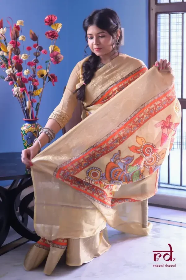 Biscuit with Multicolor Digital Print Zari Border on Chanderi silk saree