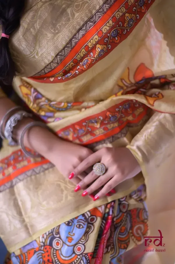 Biscuit with Multicolor Digital Print Zari Border on Chanderi silk saree