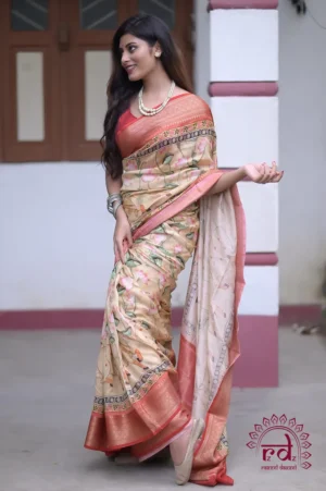 Tan with Multicolor Digital Print Zari Border on Chanderi Silk saree