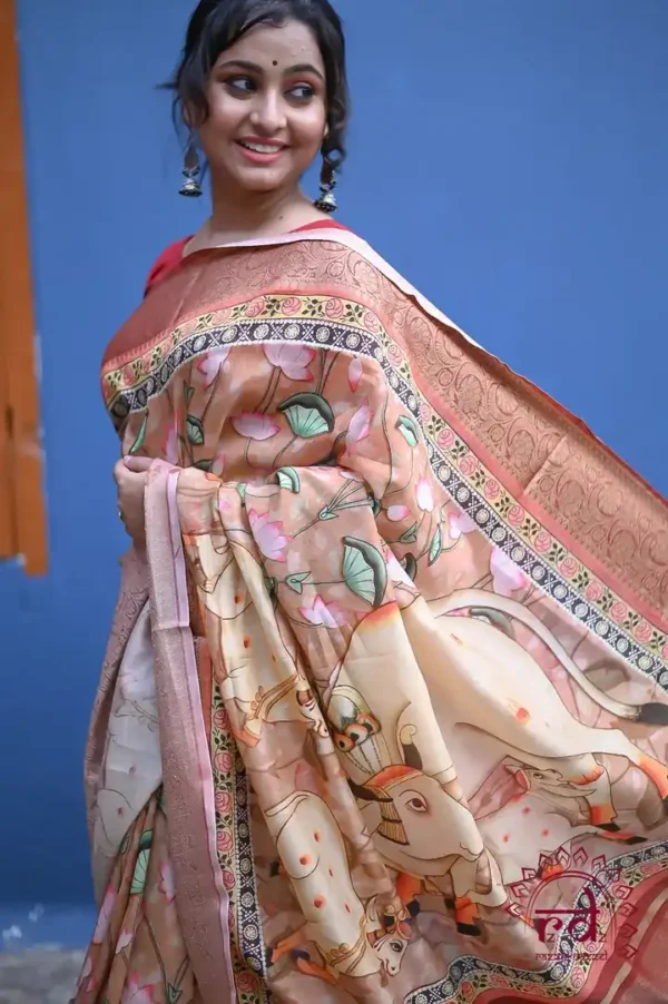 Tan with Multicolor Digital Print Zari Border on Chanderi Silk saree
