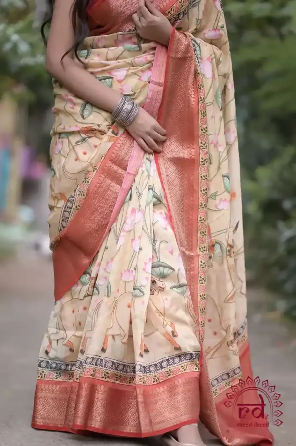 Tan with Multicolor Digital Print Zari Border on Chanderi Silk saree