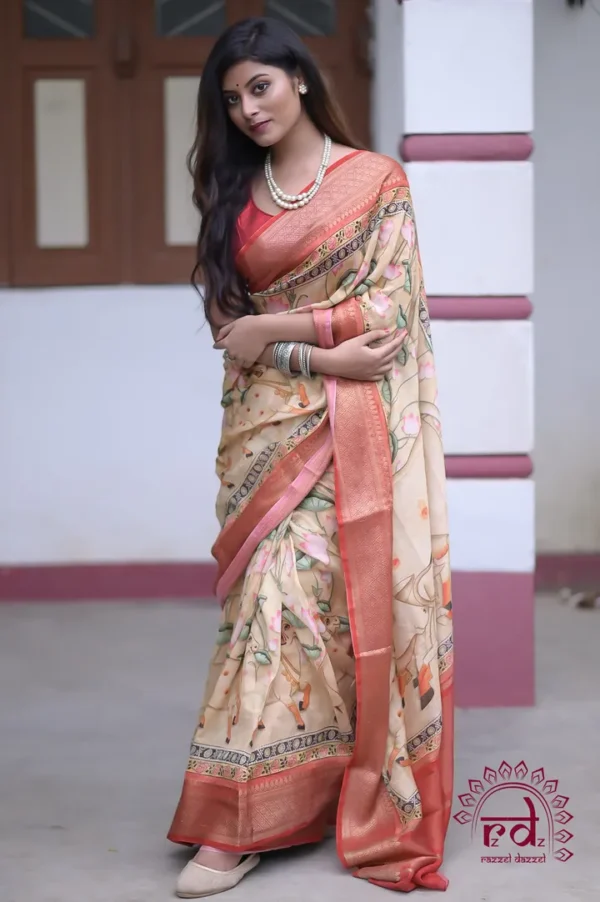 Tan with Multicolor Digital Print Zari Border on Chanderi Silk saree