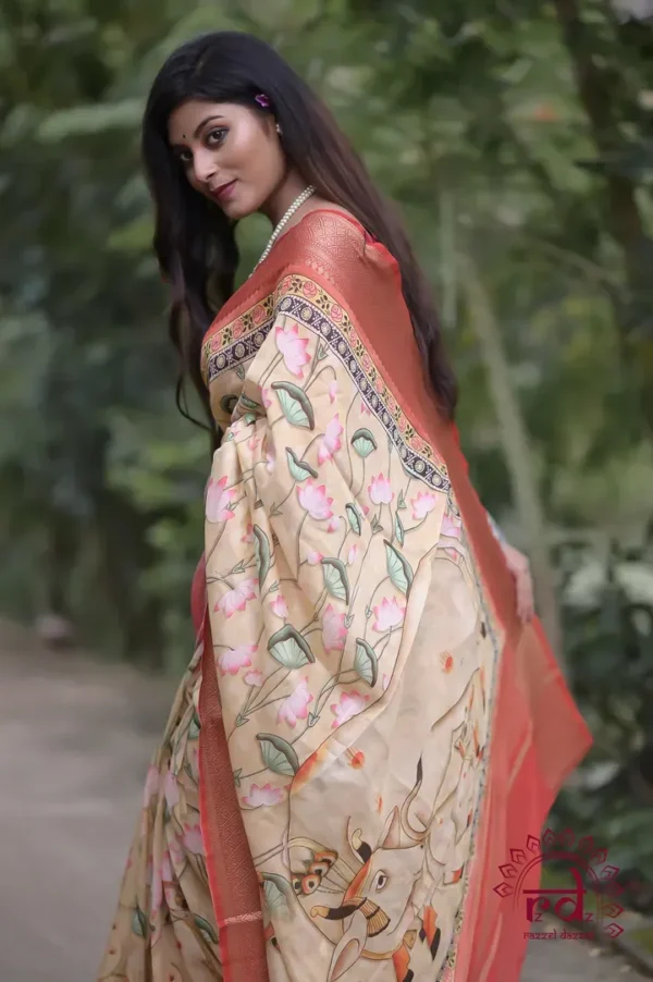 Tan with Multicolor Digital Print Zari Border on Chanderi Silk saree