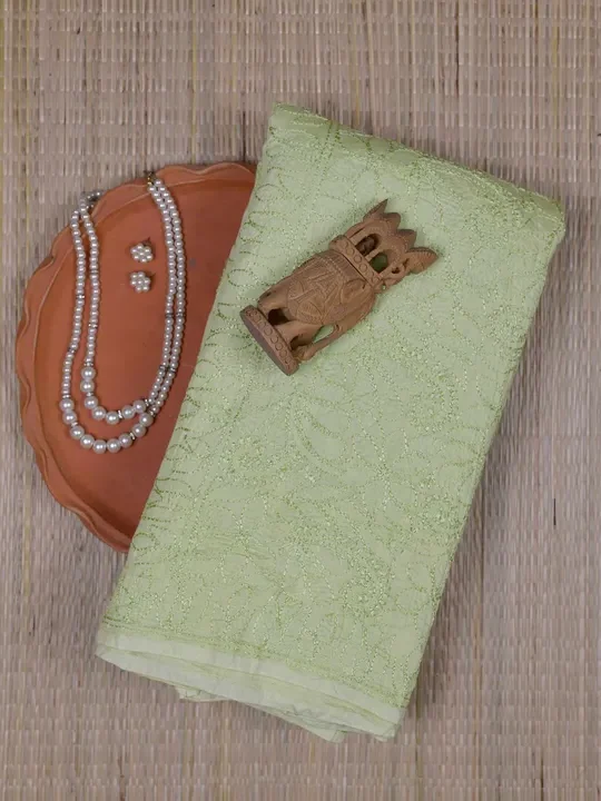 Lime Green Crushed Cotton Chikankari Saree