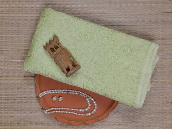 Lime Green Crushed Cotton Chikankari Saree