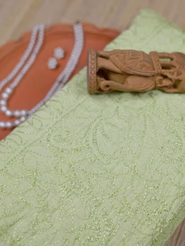 Lime Green Crushed Cotton Chikankari Saree