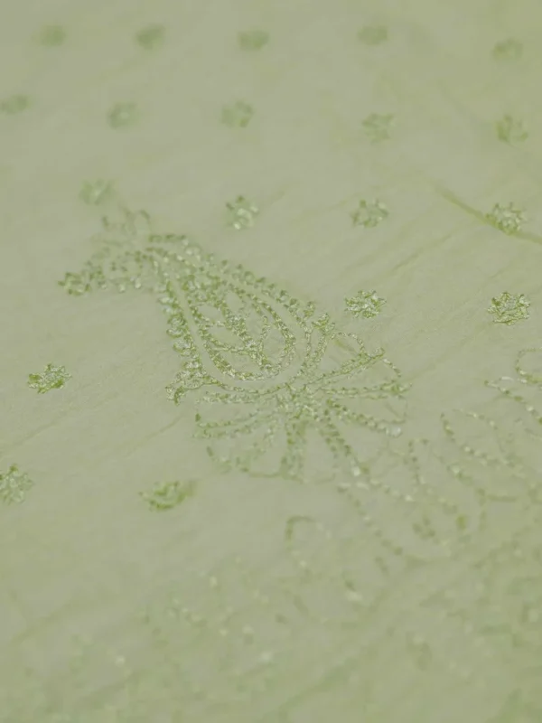 Lime Green Crushed Cotton Chikankari Saree