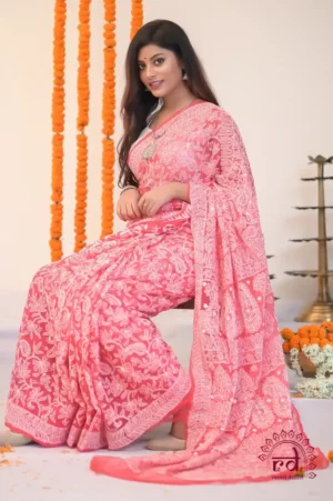 Red Georgette Chikankari Saree