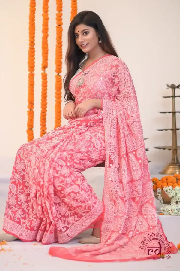 Red Georgette Chikankari Saree