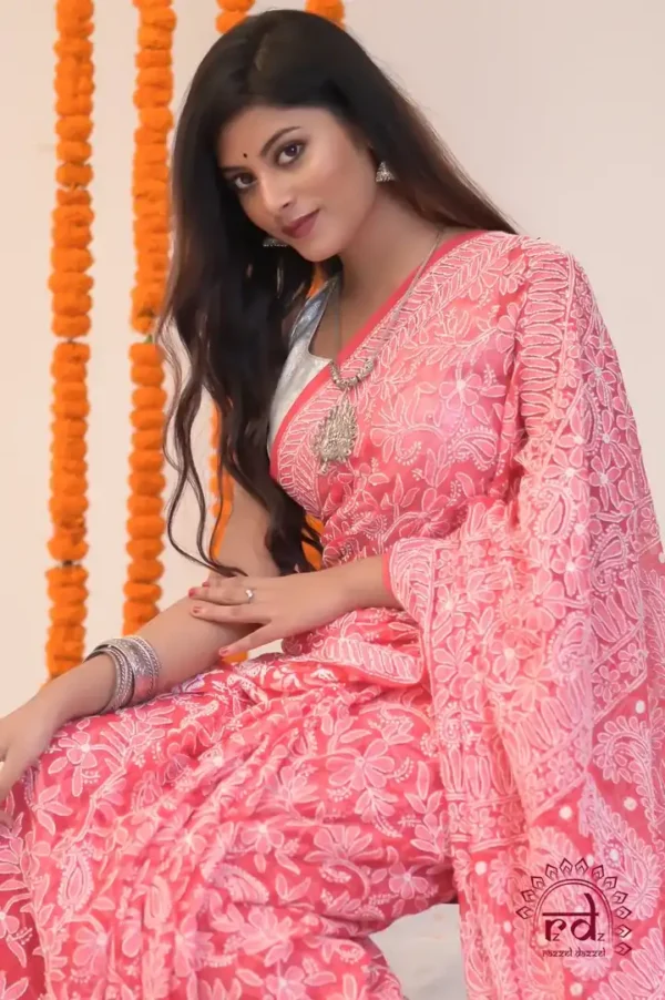 Red Georgette Chikankari Saree