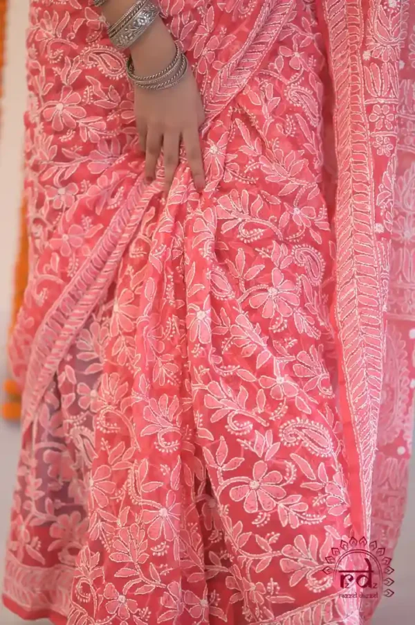 Red Georgette Chikankari Saree