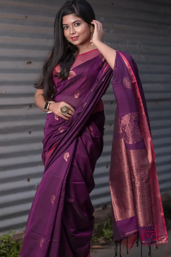 Purple on Copper Zari Handloom Pure Cotton silk Benarasi saree