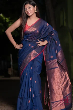 Navy Blue on Copper Zari Handloom Pure Cotton silk Benarasi saree