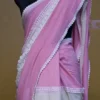 White and Baby Pink Body Designer Lace Border Cotton saree