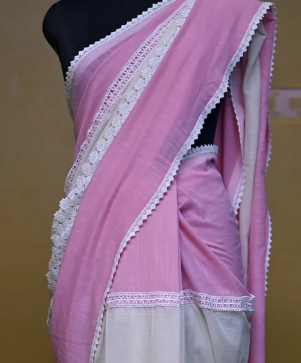 White and Baby Pink Body Designer Lace Border Cotton saree