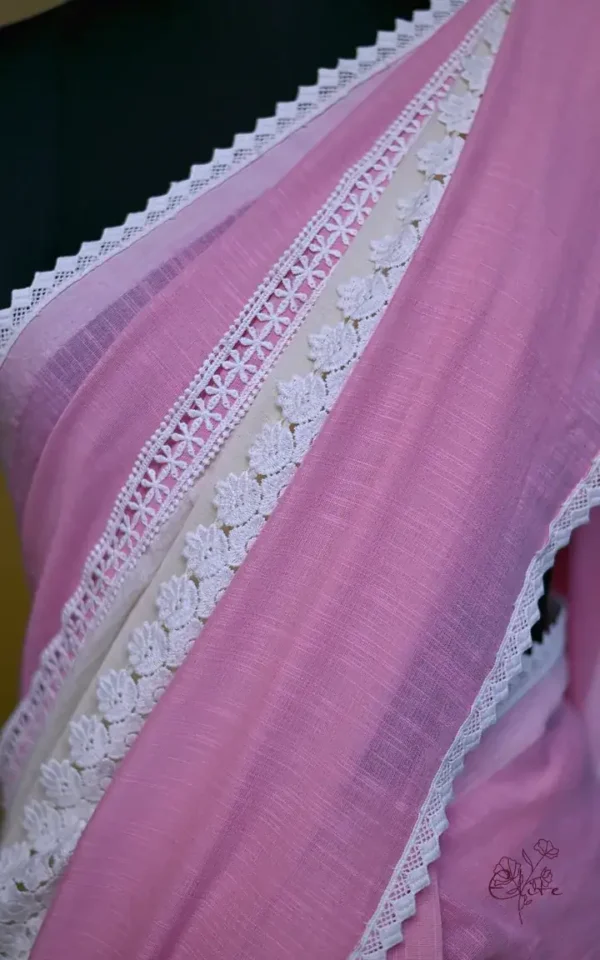 White and Baby Pink Body Designer Lace Border Cotton saree