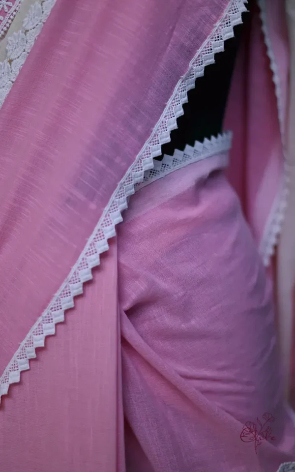 White and Baby Pink Body Designer Lace Border Cotton saree