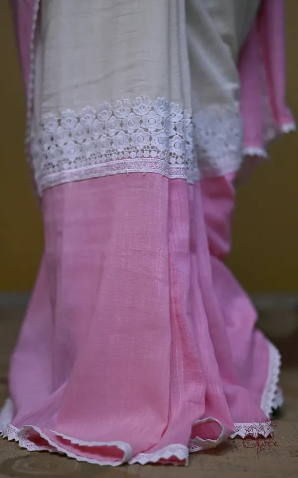White and Baby Pink Body Designer Lace Border Cotton saree