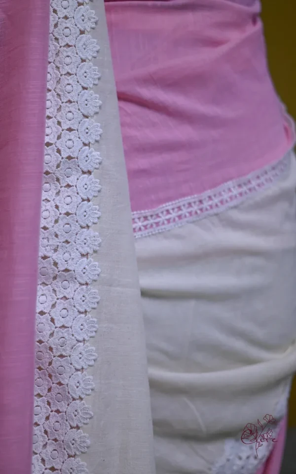 White and Baby Pink Body Designer Lace Border Cotton saree