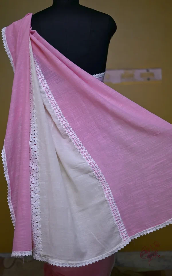 White and Baby Pink Body Designer Lace Border Cotton saree