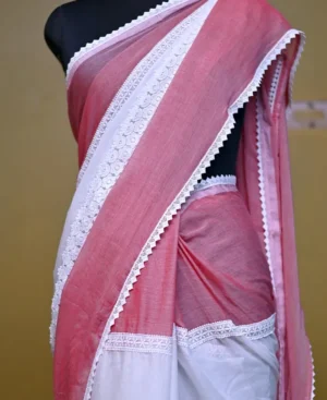 Pink and White Body Designer Lace Border Cotton saree