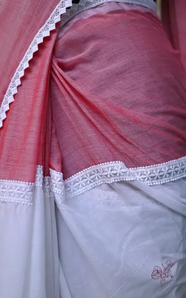 Pink and White Body Designer Lace Border Cotton saree