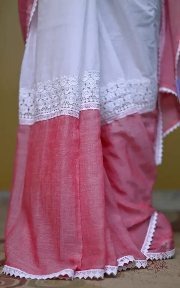 Pink and White Body Designer Lace Border Cotton saree