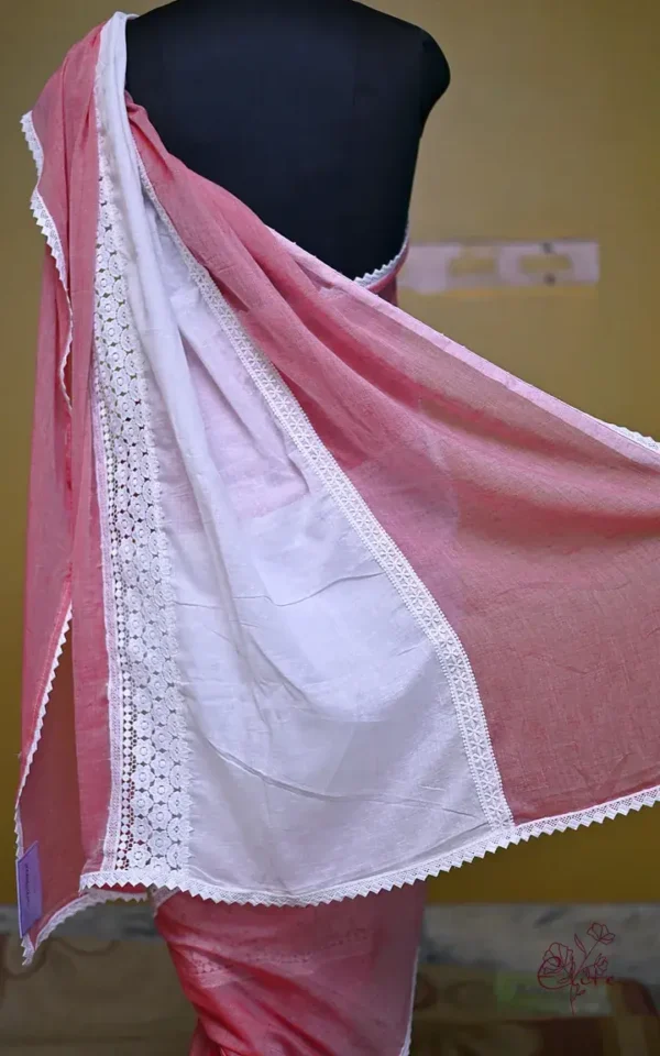 Pink and White Body Designer Lace Border Cotton saree