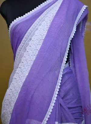 White and purple Body Designer Lace Border Cotton saree
