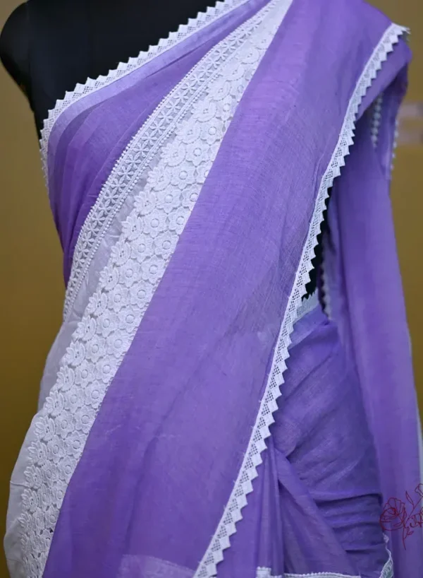 White and purple Body Designer Lace Border Cotton saree