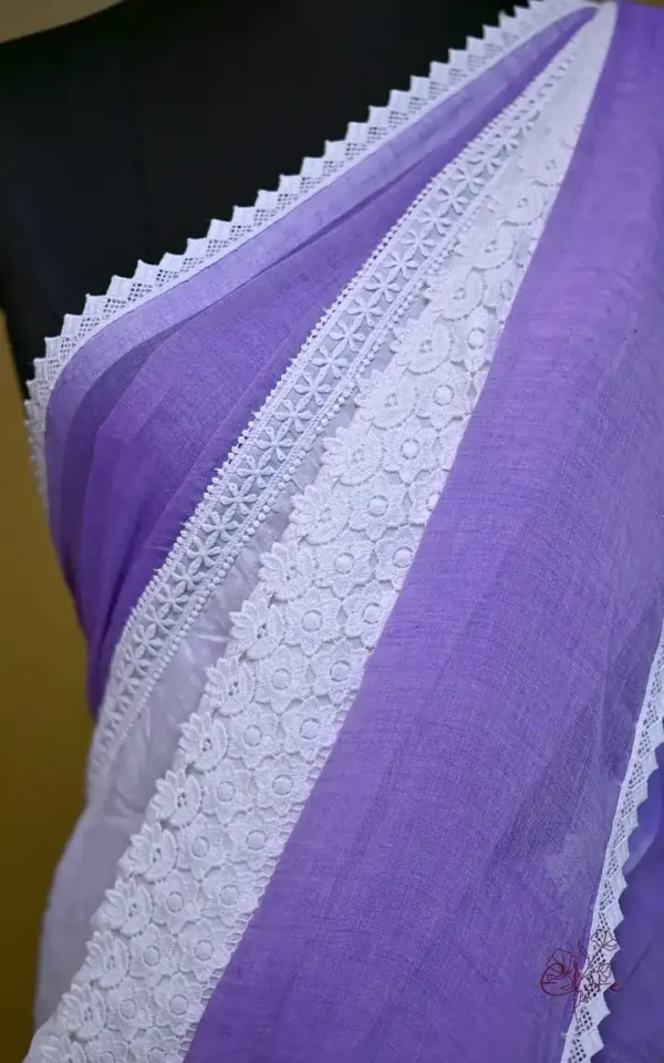 White and purple Body Designer Lace Border Cotton saree