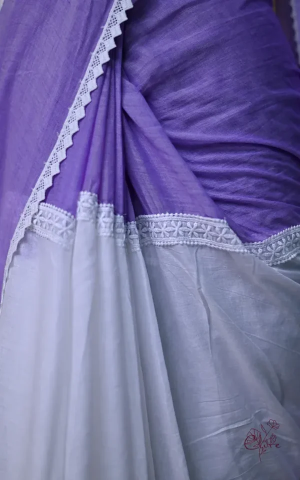 White and purple Body Designer Lace Border Cotton saree