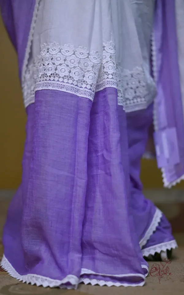 White and purple Body Designer Lace Border Cotton saree