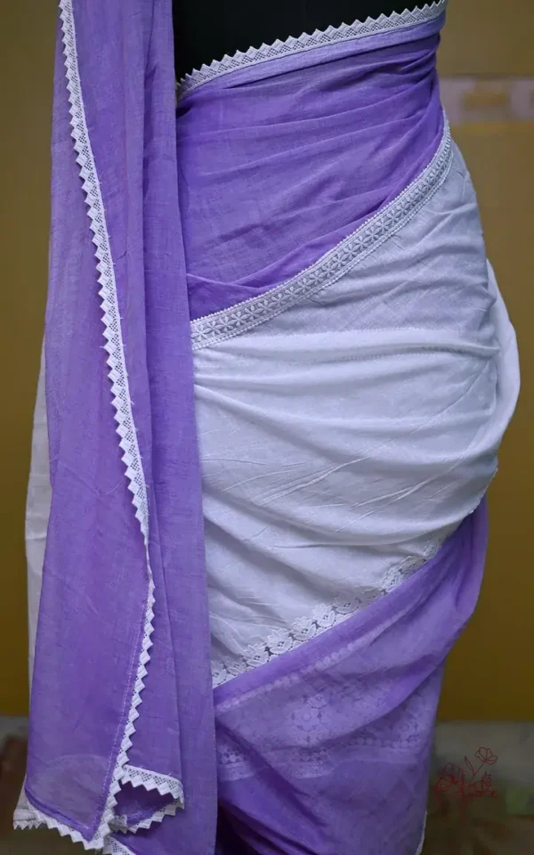 White and purple Body Designer Lace Border Cotton saree