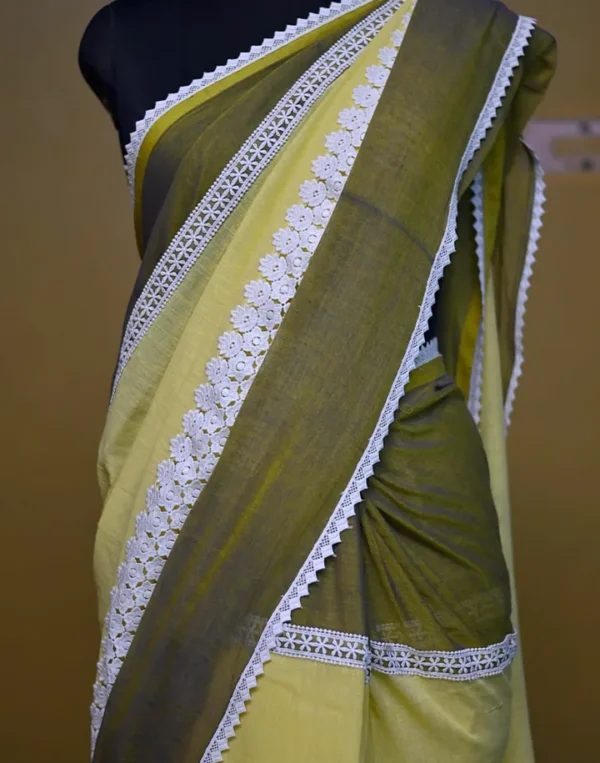 Shape Green and Lemon Yellow Body Designer Lace Border Cotton saree