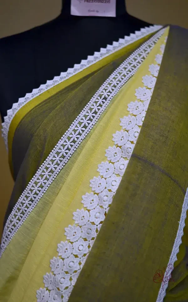 Shape Green and Lemon Yellow Body Designer Lace Border Cotton saree