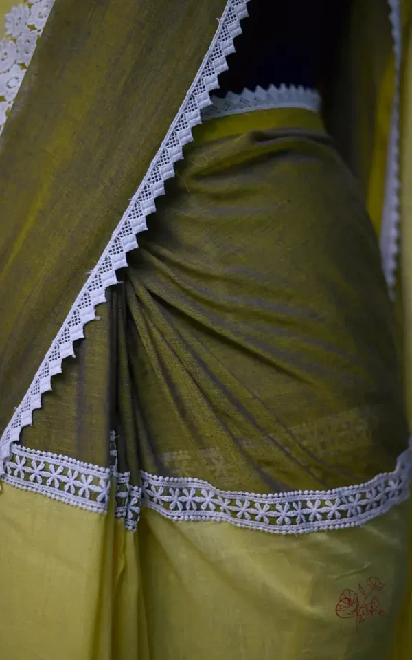 Shape Green and Lemon Yellow Body Designer Lace Border Cotton saree