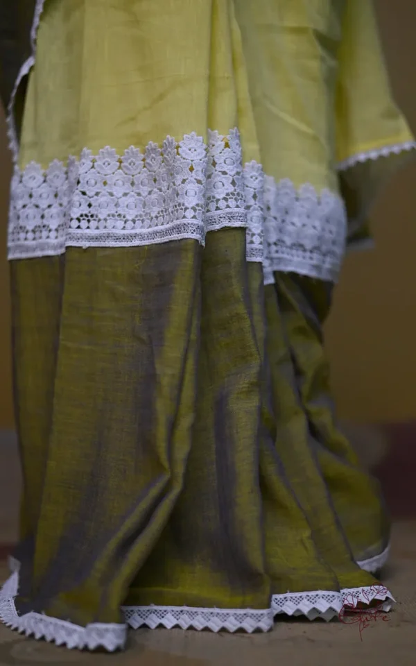Shape Green and Lemon Yellow Body Designer Lace Border Cotton saree