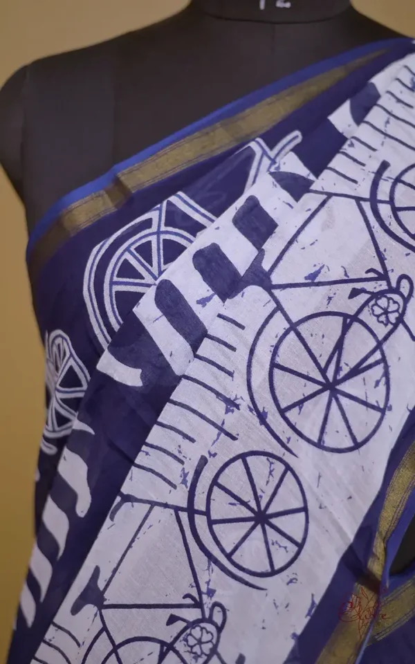 Indigo Hand Block Printed Bagru Cotton Saree