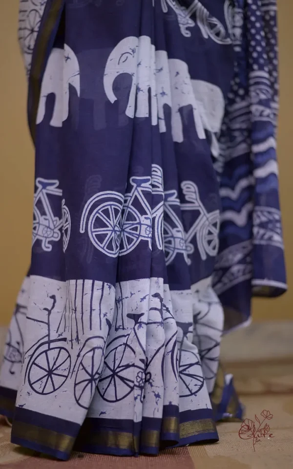 Indigo Hand Block Printed Bagru Cotton Saree