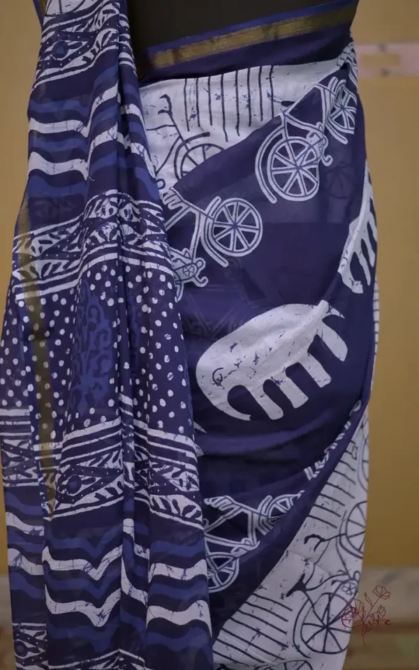 Indigo Hand Block Printed Bagru Cotton Saree