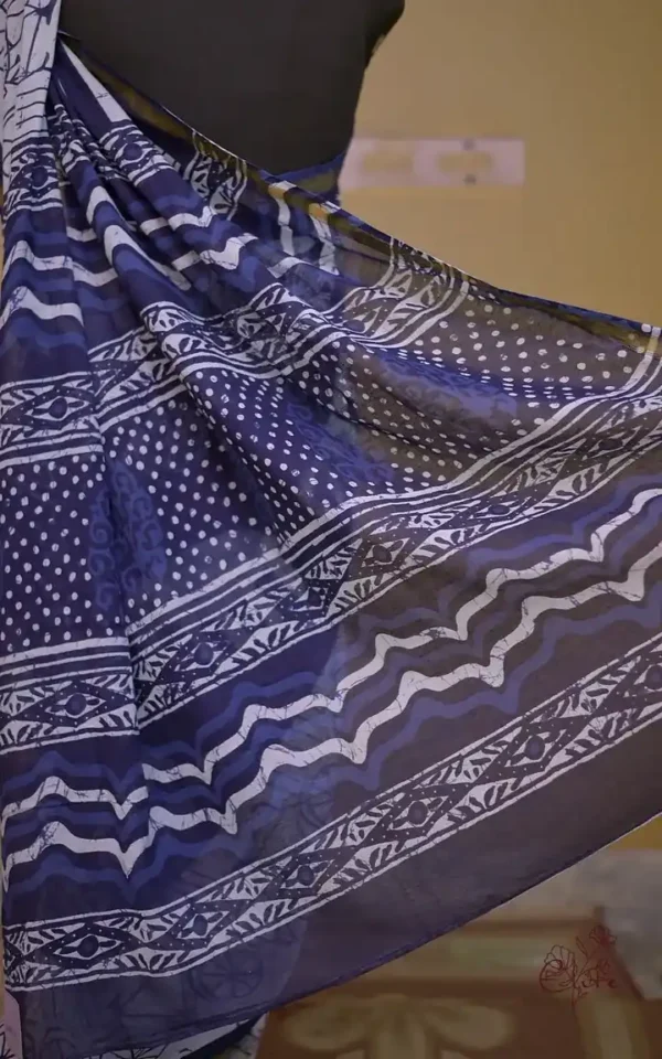 Indigo Hand Block Printed Bagru Cotton Saree